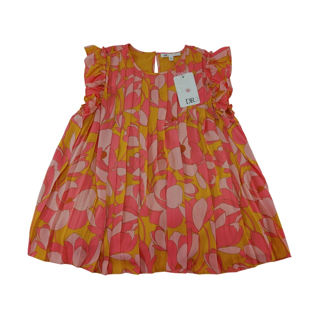 DR2‎ Floral Print Pleated Ruffle Sleeve Dress Pink Yellow Size S